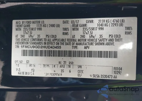 2017 Ford Escape Se from USA, damaged, VIN 1FMCU9GD2HUD43455